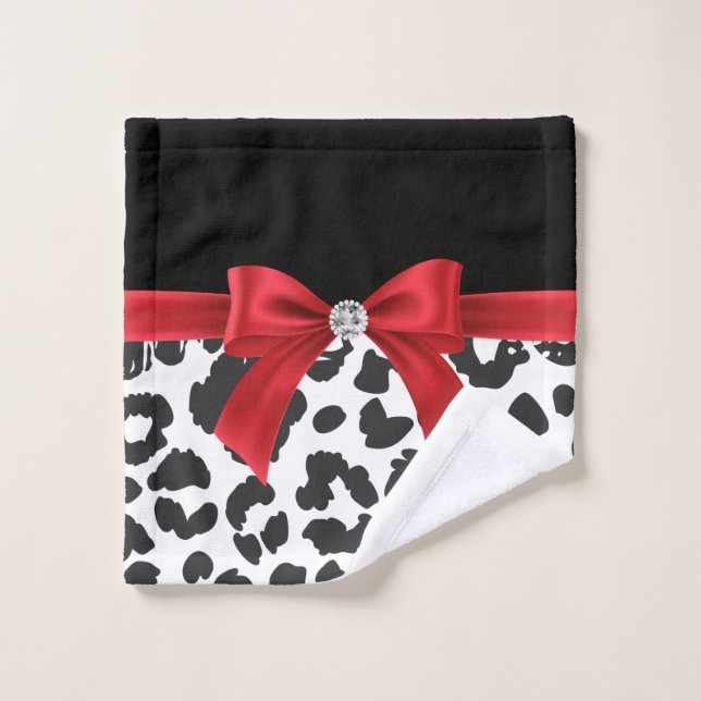 Glam Red Bow-White Leopard Print-Black Bath Towel Set (Wash Cloth)