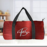 Glam Red Brushed Metal Grey White Monogram  Duffle Bag<br><div class="desc">This personalised duffel bag features a monogram and first name in modern grey and white script on a glam red faux brushed metal background.</div>
