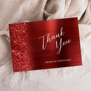 Glam Red Brushed Metal Wedding Flat Thank You Card