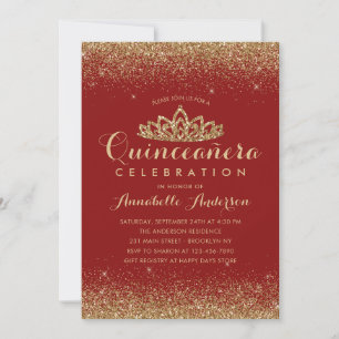 Glam Red Burgundy Quinceañera Gold Tiara Glitter Invitation