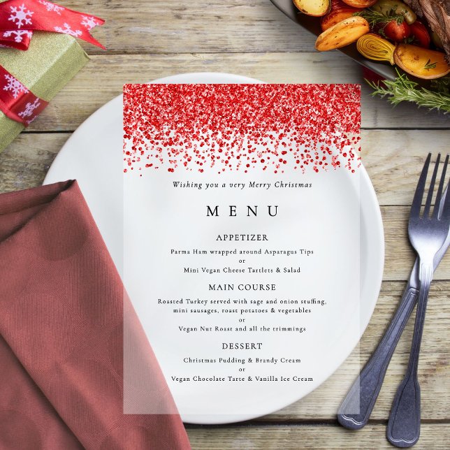 Glam Red Faux Glitter Christmas Party Menu Acrylic Invitations (Creator Uploaded)