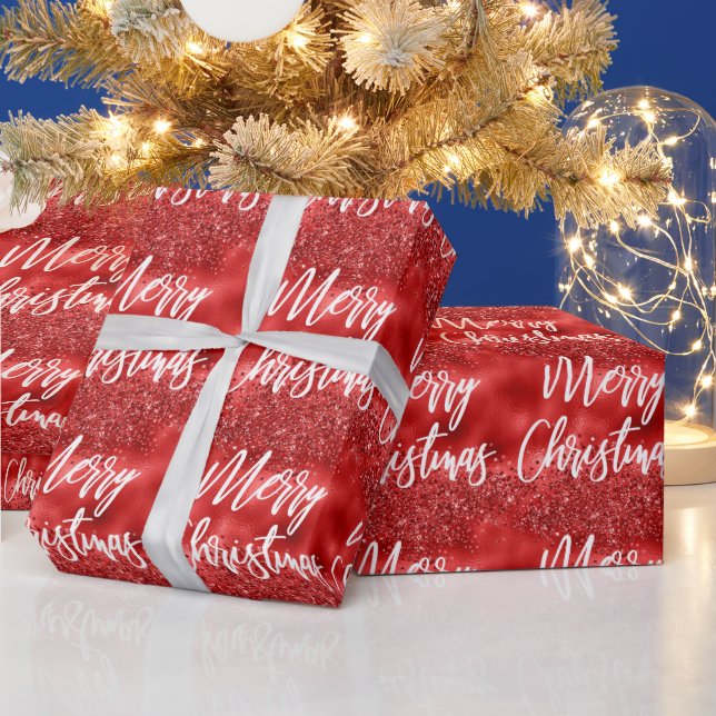 Glam Red Foil Glitter Merry Christmas Calligraphy Wrapping Paper (Holidays)
