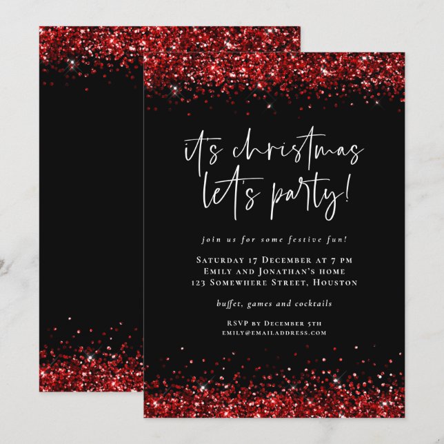 Glam Red Glitter Borders Lets Party Christmas  Invitation (Front/Back)