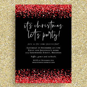 Glam Red Glitter Christmas Lets Party Black Invitation