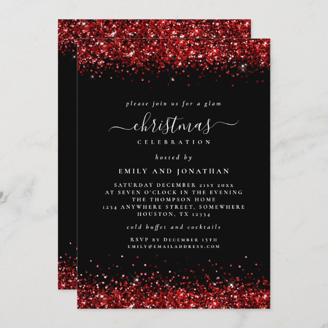 Glam Red Glitter Christmas Party Black Invitation (Front/Back)