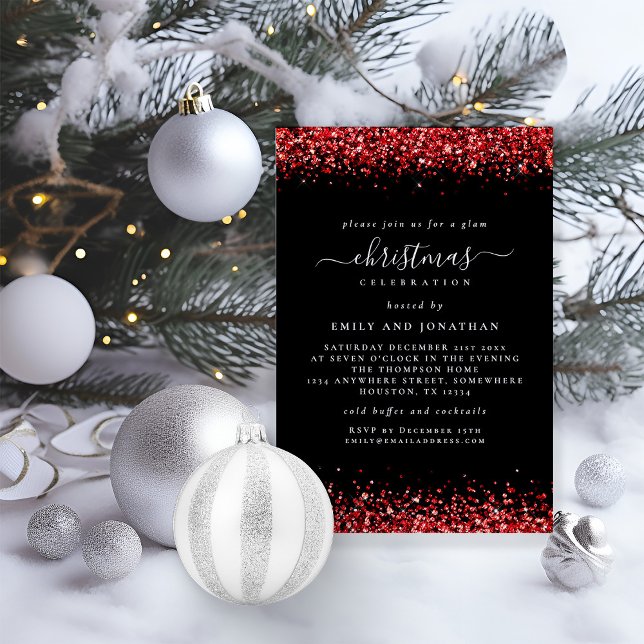 Glam Red Glitter Christmas Party Black Invitation (Available digitally and printed)