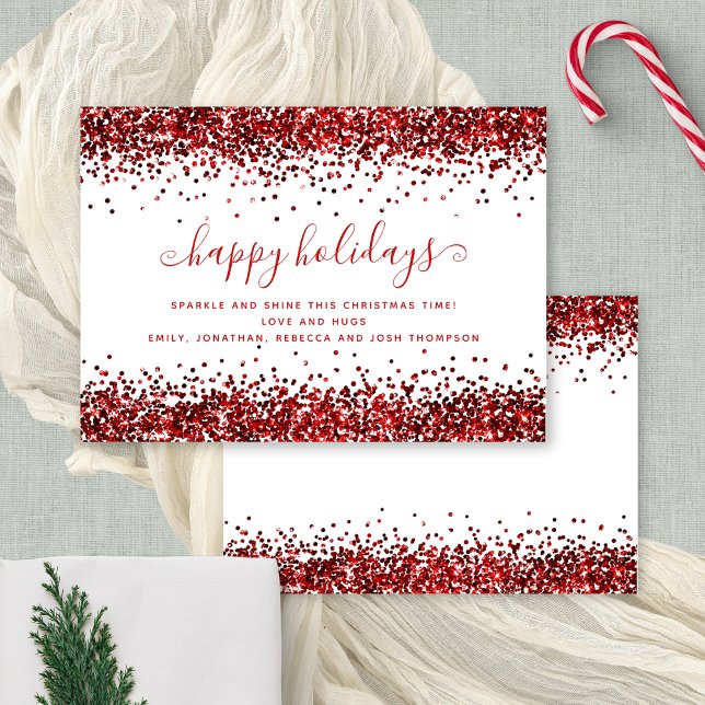 Glam Red Glitter Happy Holidays White Christmas  Holiday Card (Front and back view)