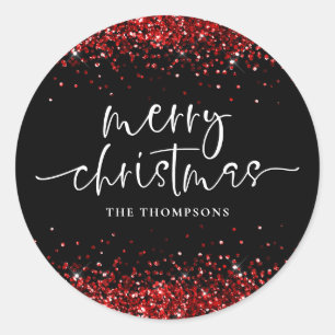 Glam Red Glitter Merry Christmas Black Classic Round Sticker