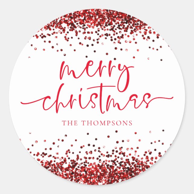 Glam Red Glitter Merry Christmas White Classic Round Sticker (Front)