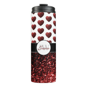 Glam Red Glitter sparkles Heart pattern Monogram Thermal Tumbler