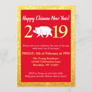 Glam Red Gold Glitter Chinese New Year 2019 Pig Invitation