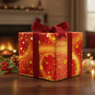 Glam Red Gold Stars Magical Christmas Holidays Wrapping Paper Sheet