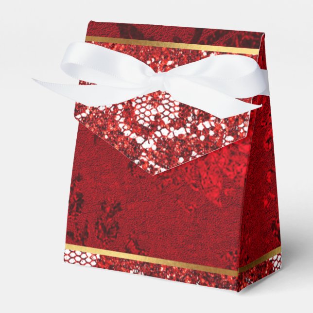 Glam Red Gold White Lace Gift Favour Box (Front Side)