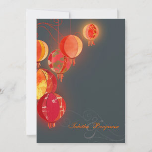 Glam Red Lanterns Charcoal Grey Wedding Invitation