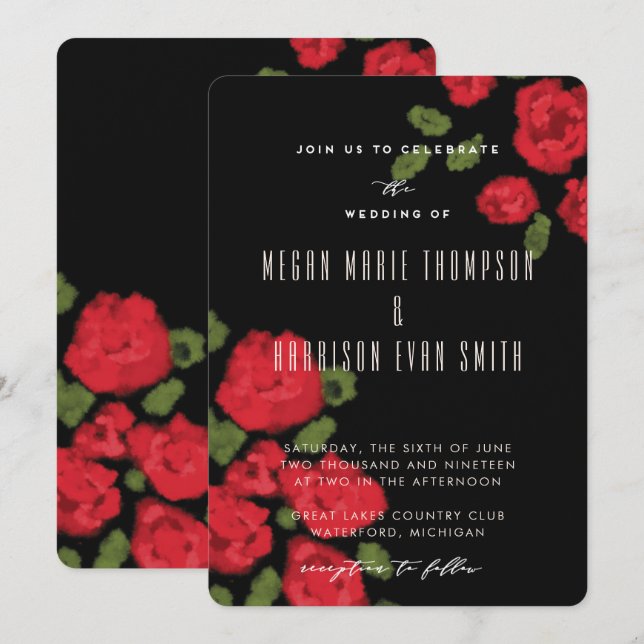 Glam Red Roses script Wedding Invitation (Front/Back)