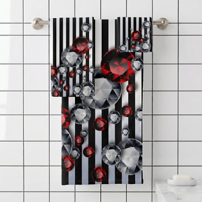 Glam Red Ruby Diamond Black and Silver Striped Bath Towel Set (Creator Uploaded)