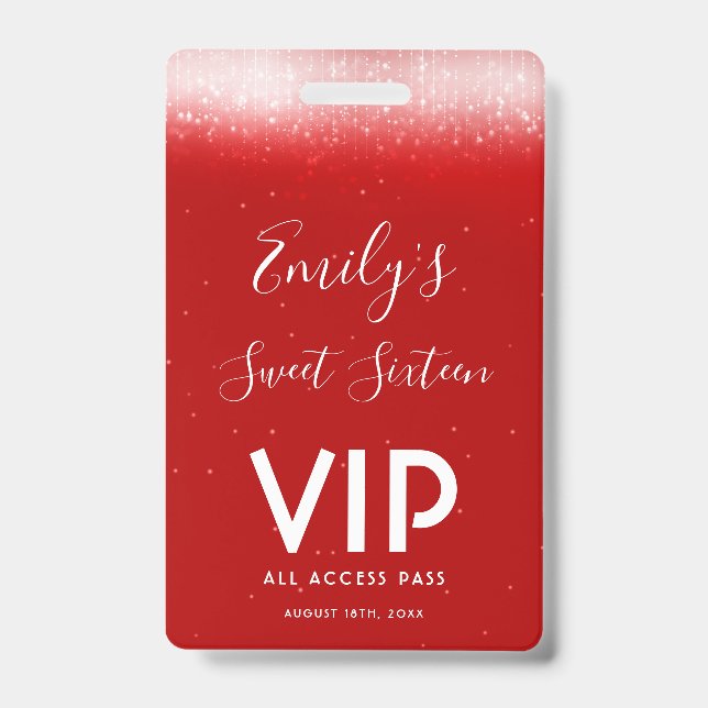 Glam Red Sweet 16  Invitation VIP Pass Badge ID Badge (Front)