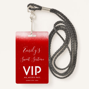 Glam Red Sweet 16  Invitation VIP Pass Badge ID Badge
