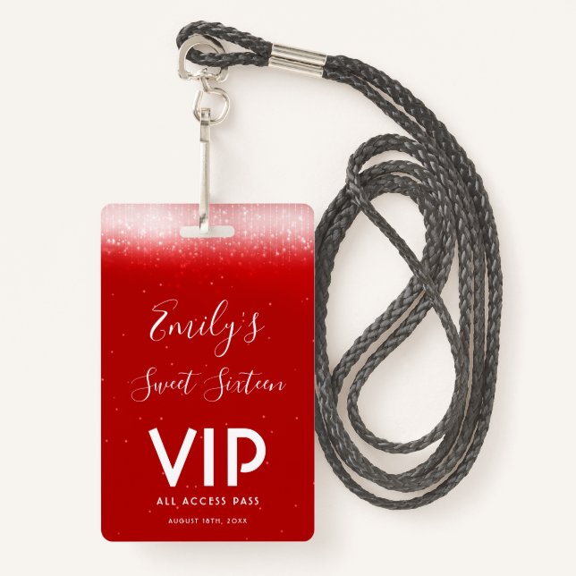 Glam Red Sweet 16  Invitation VIP Pass Badge ID Badge (Front with Lanyard)