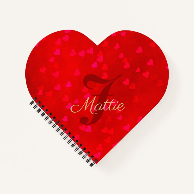 Glam Red Valentine Gold Name Heart Spiral Notebook (Front)