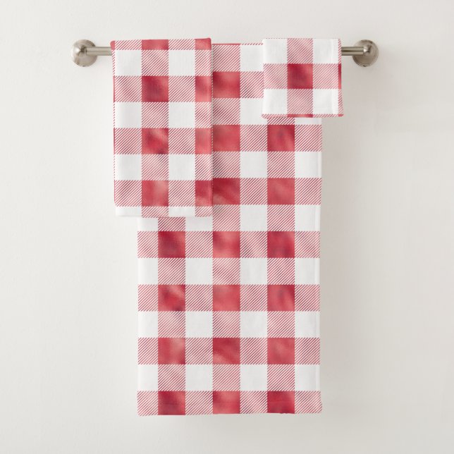 Glam Red White Buffalo Plaid Bath Towel Set (Insitu)