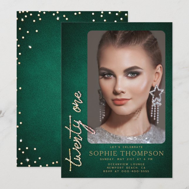 Glam Rhinestones Emerald Green 21st Birthday Photo Invitation (Front/Back)