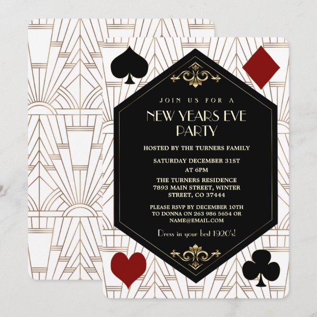 Glam Roaring 1920s Casino Gambling New Year Party Invitation (Front/Back)