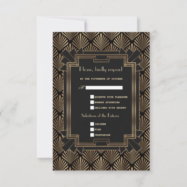 Glam Roaring 20's Gold Black Great Gatsby Wedding RSVP Card (Front)