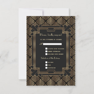 Glam Roaring 20's Gold Black Great Gatsby Wedding RSVP Card