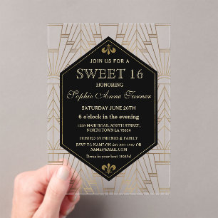 Glam Roaring 20s Great Gatsby Art Deco Sweet 16 Acrylic Invitations