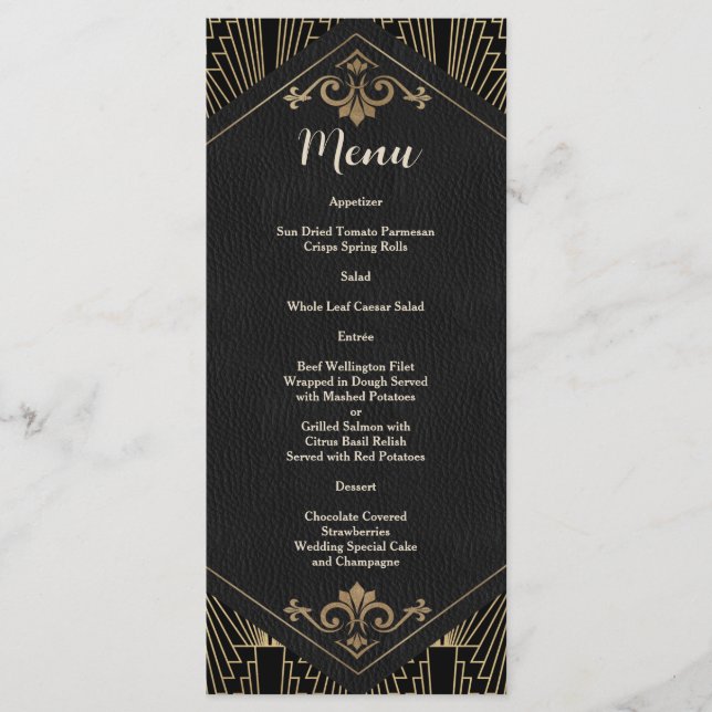 Glam Roaring 20s Great Gatsby Art Deco Wedding Menu (Front)