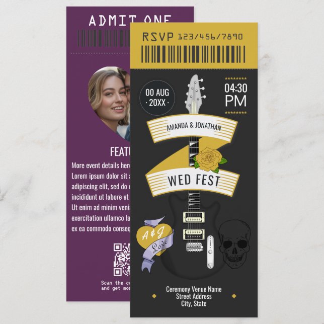 Glam Rock Rock ’n’ Roll Wedding Ticket Invitation (Front/Back)