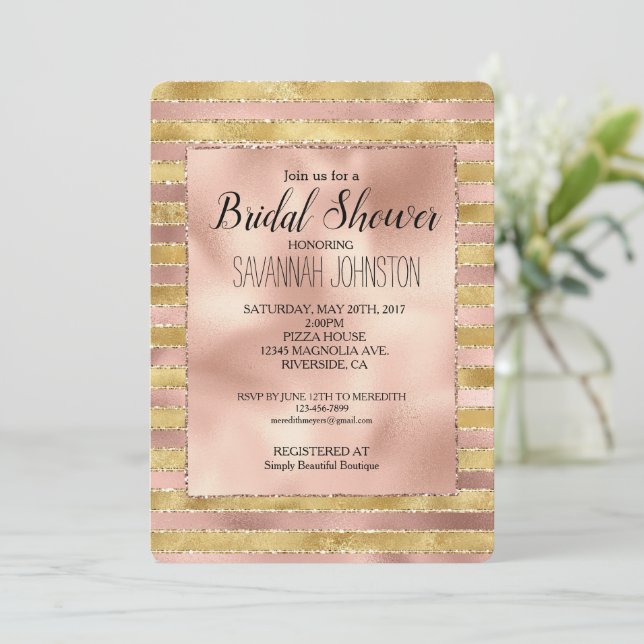 Glam Rose and Gold Glitzy Stripes Bridal Shower Invitation (Standing Front)