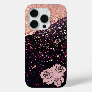 Glam Rose Black Glitter Blush Roses iPhone 15 Pro Case