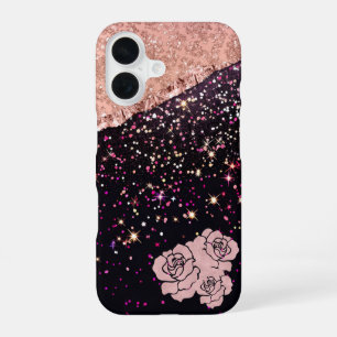 Glam Rose Black Glitter Blush Roses iPhone 16 Case
