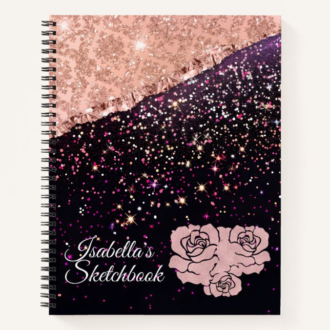 Glam Rose Black Glitter Blush Roses Notebook (Front)