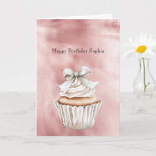 Glam Rose Blush Glitzy Silver Bow Cupcake Birthday Card