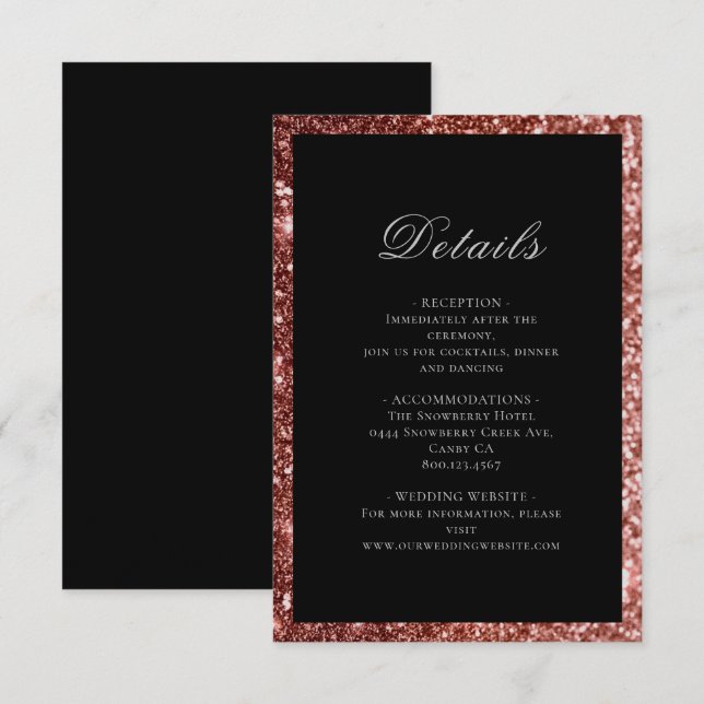 Glam Rose Gold Black Glitter Wedding Details Enclosure Card (Front/Back)