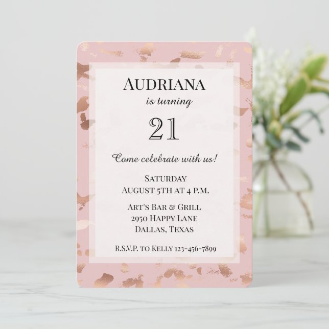 Glam Rose Gold Blush Abstract Birthday Invitation (Standing Front)