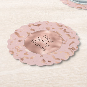 Glam Rose Gold Blush Abstract Birthday Paper Coaster