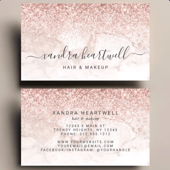 Glam Rose Gold Blush Marble Glitter Script Business Card (Creator Uploaded)