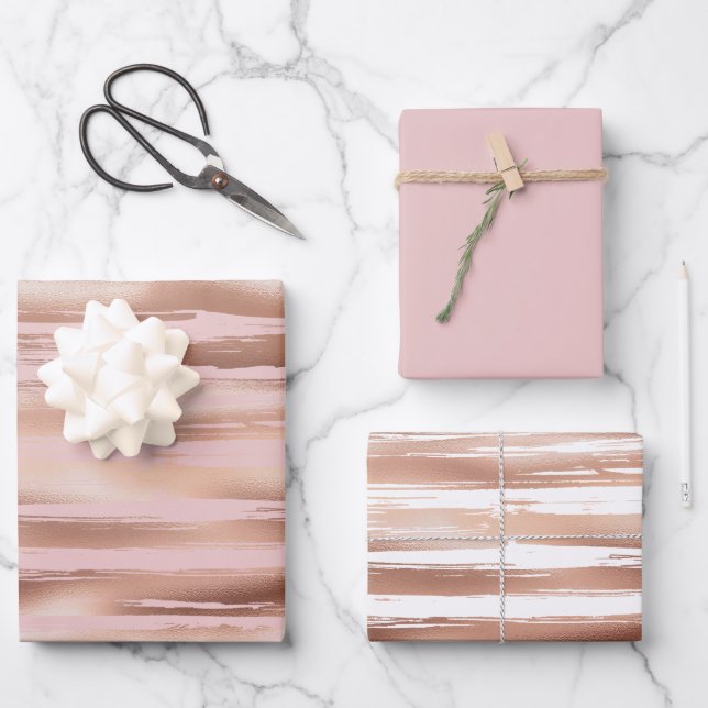 Glam Rose Gold Blush Stripes Wrapping Paper Sheet (Front)