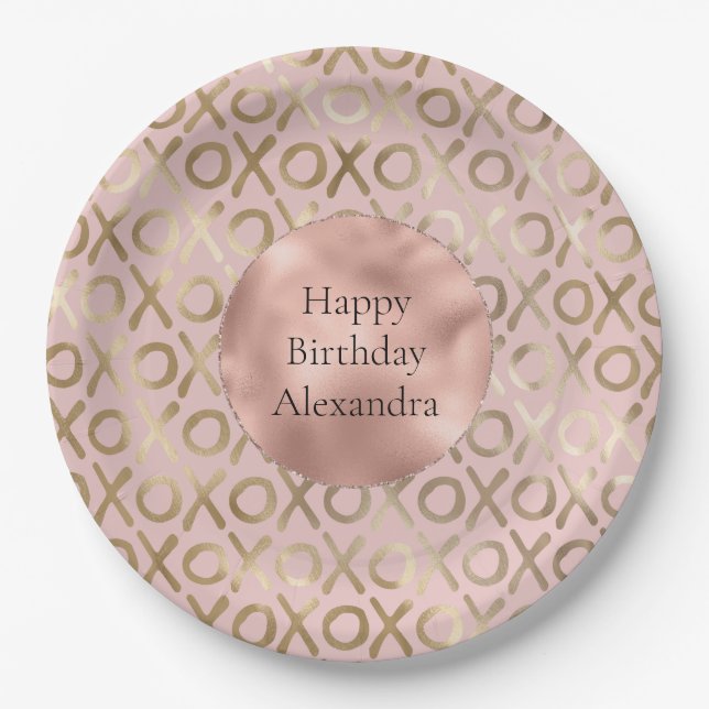 Glam Rose Gold Blush XOXO Birthday Paper Plate (Front)