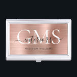 Glam Rose Gold Brushed Metal 3 Monogram Script Business Card Holder<br><div class="desc">Elegant Rose Gold Brushed Metal Monogram Script Business Card Case</div>