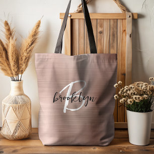Glam Rose Gold Brushed Metal Black White Monogram Tote Bag