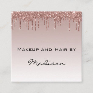 Glam Rose Gold Faux Glitter Drips Makeup Artist Square Business Card