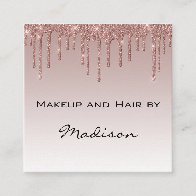 Glam Rose Gold Faux Glitter Drips Makeup Artist Square Business Card (Front)