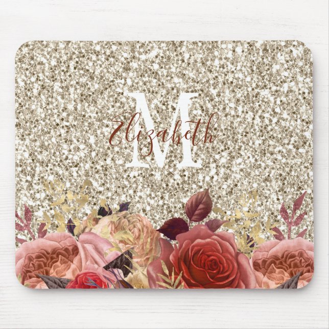 Glam Rose Gold Floral Monogram Light Gold Glitter Mouse Mat (Front)