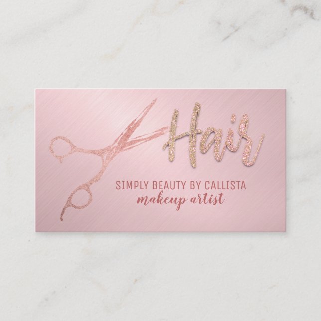 Glam Rose Gold Foil Glitter Scissors Hair Stylist Business Card (Front)