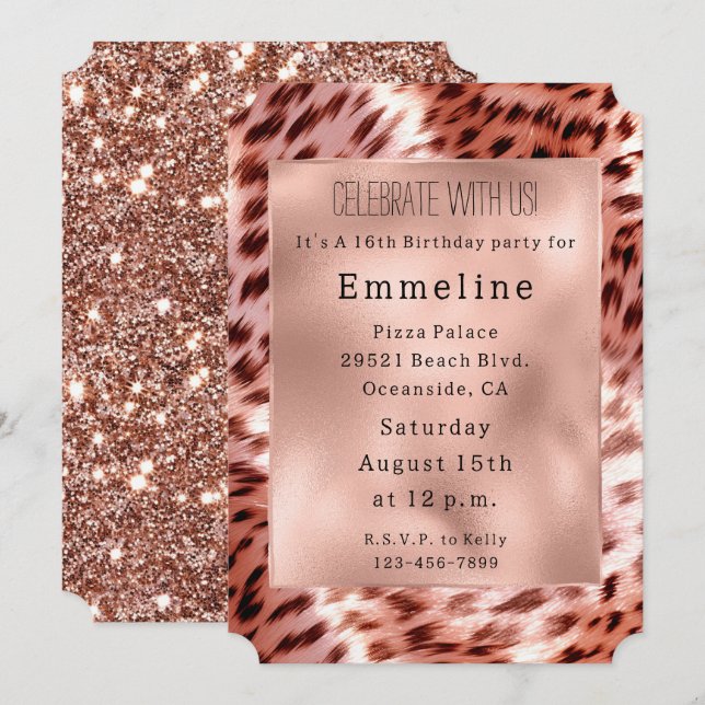 Glam Rose Gold Fur Leopard  Invitation (Front/Back)